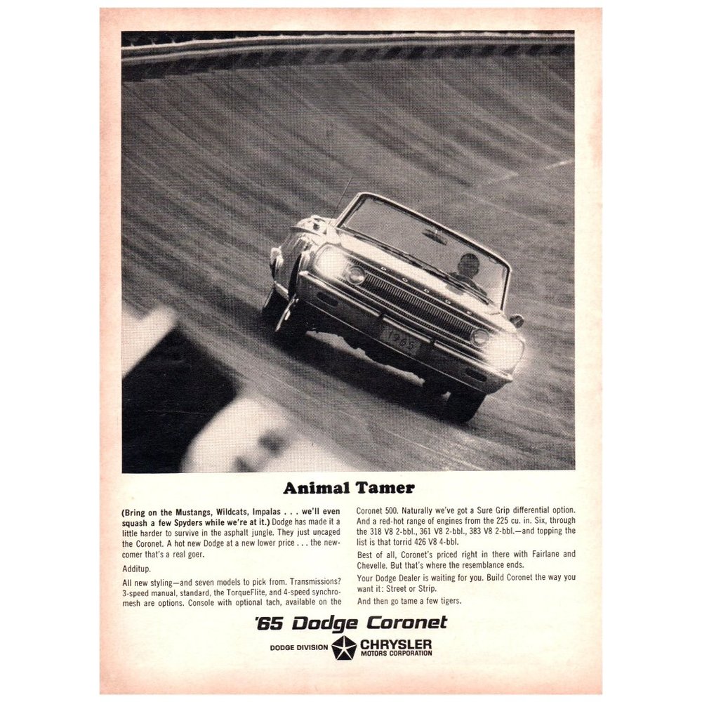 1965 Dodge Coronet Animal Tamer Vintage Print Ad Classic Muscle Car Wall Decor